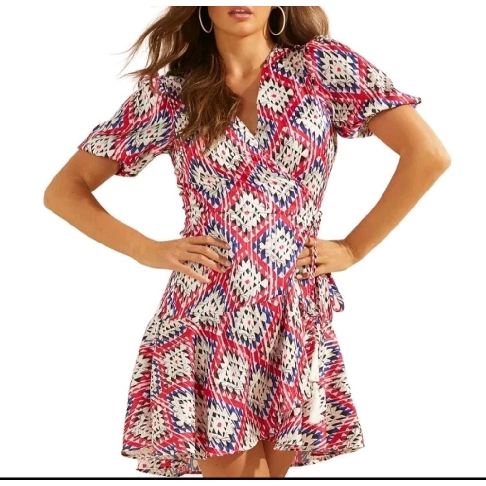 Guess Candy Dress Womens Large Pink Tribal Rhombus Wrap High-Low Tassel Boho NEW